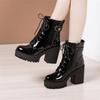 Tacchi Alti da Donna Vera Pelle Tacco Grosso Stivaletti Corti Autunno Inverno Floccato Platform Stivaletti alla Caviglia Stringati Metà Polpaccio Cerniera Stivale