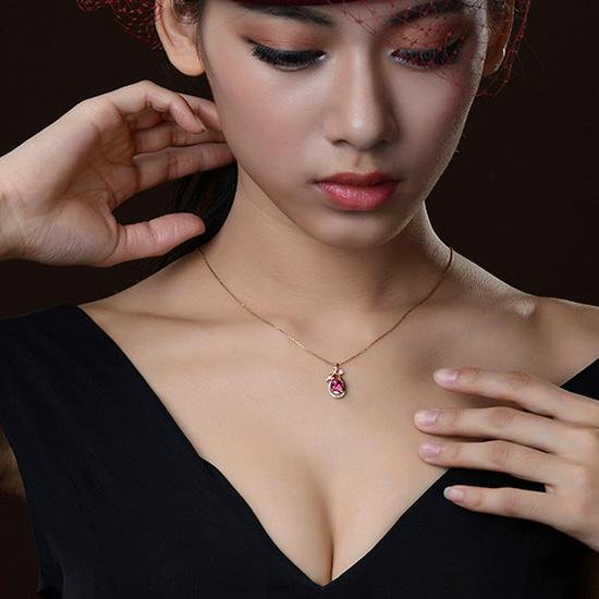 Rose Red Zircon Leaf Pendant with Simulated Tourmaline Gemstone for Women