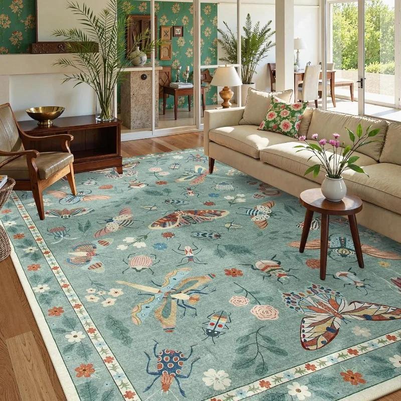 Insect Theme Green Area Rug Soft Washable Modern Stain Resistant Large Kids Nursery Carpet for Bedroom Living Room Home Decor