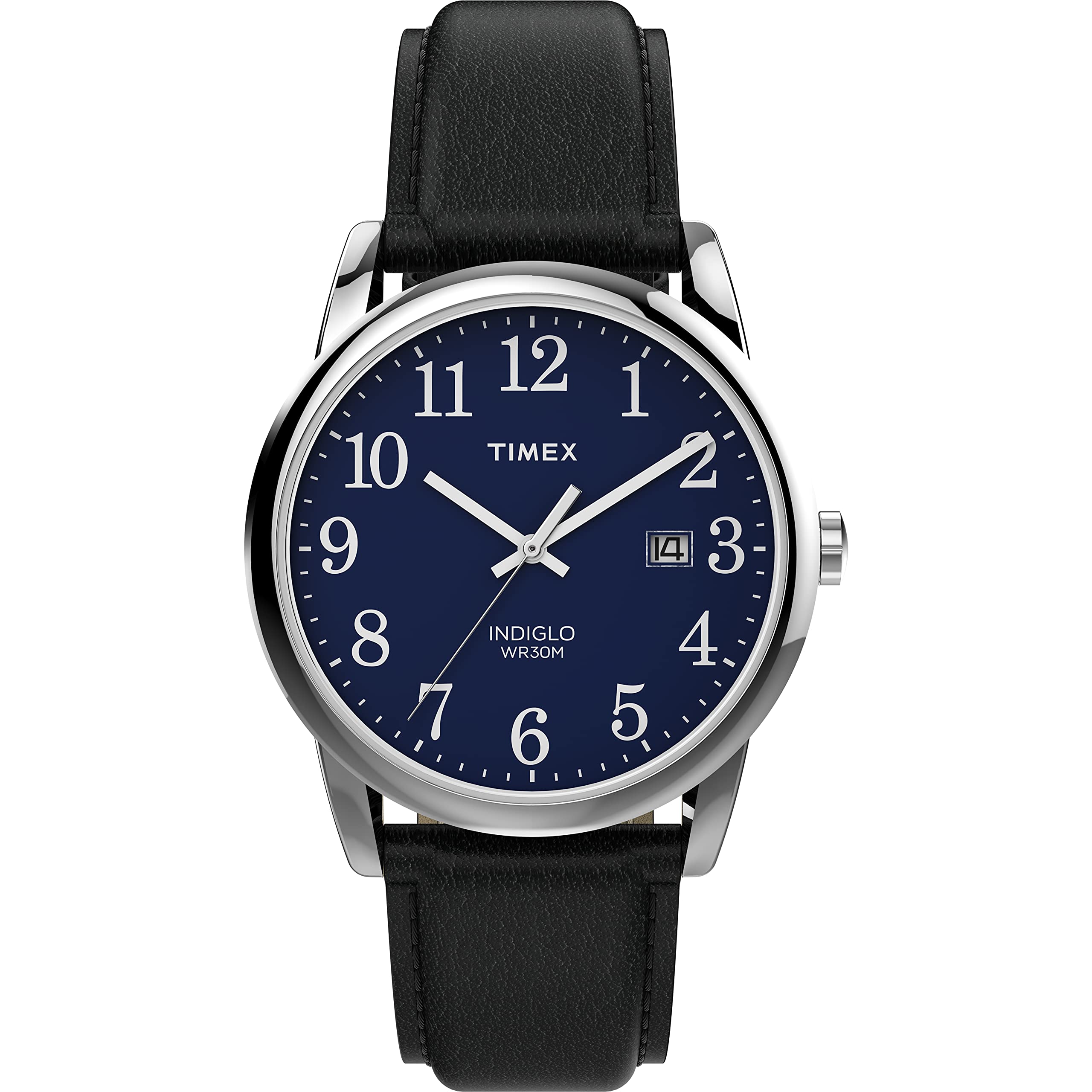 

Timex EasyReader 38mm Leather Strap Watch, Black/Silver Tone/Blue. , Classic.