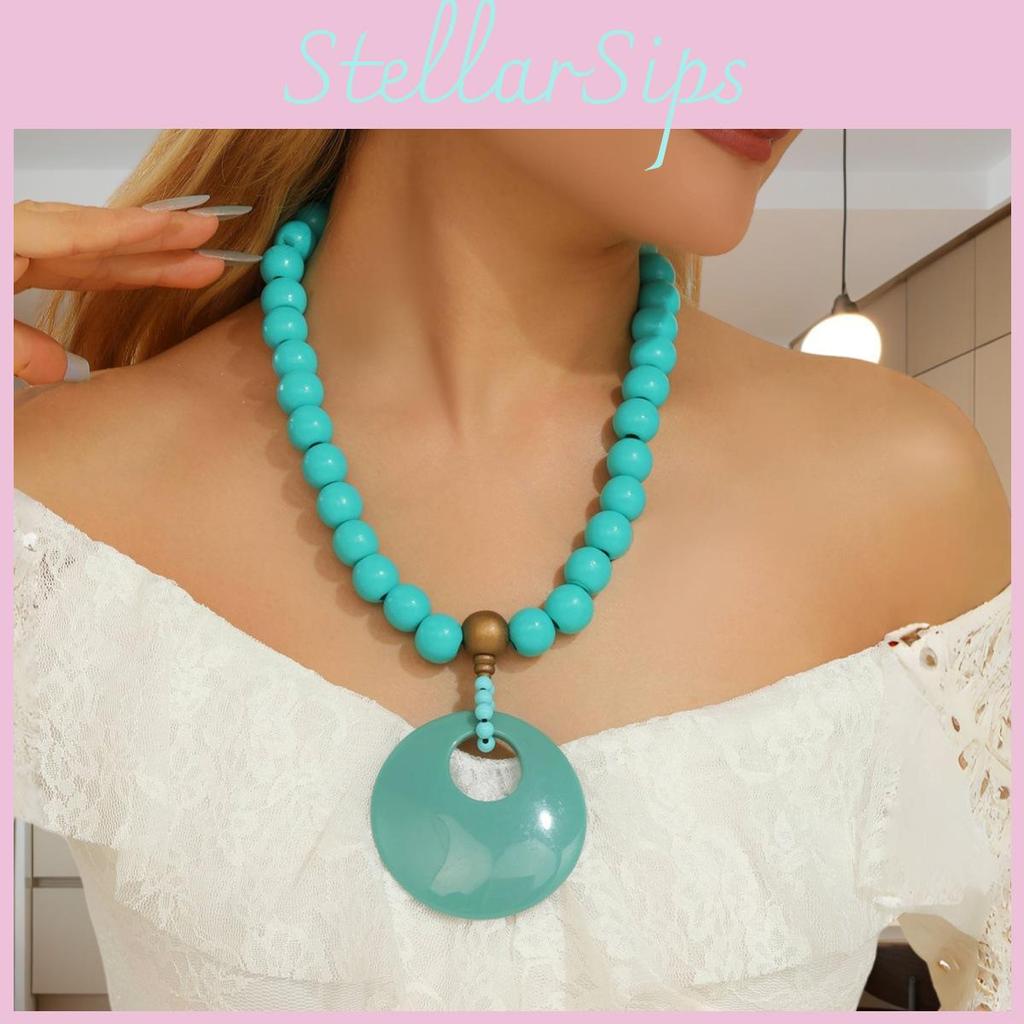 Wooden Summer Beaded Necklace Women Stretch Chain Geometric Pendant Decoration