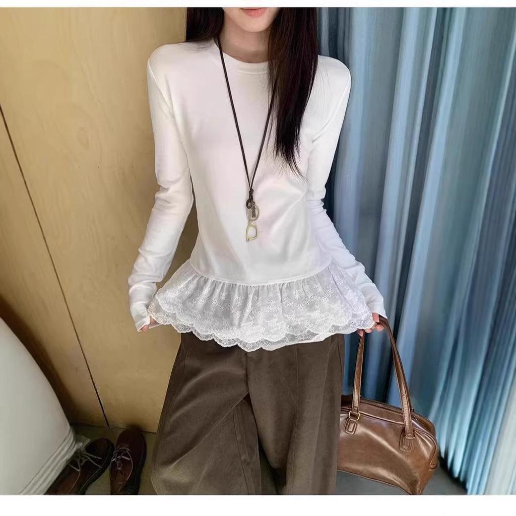 Women's Slim Fit White Lace Patch Long Sleeve T-Shirt - 2026 Spring/Autumn Collection