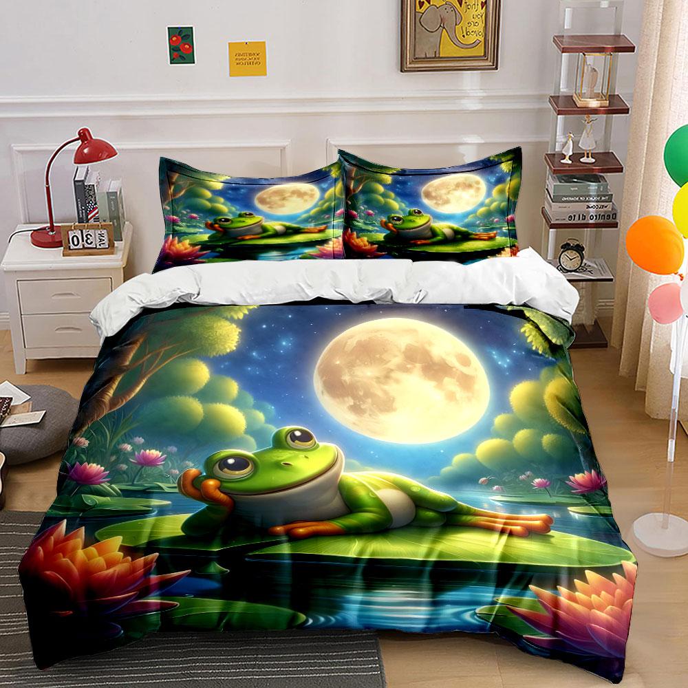 "Frog Relaxing Under Moonlight Scene" kid's and adults' bedroom decor, Exquisite three-piece bedding set gift