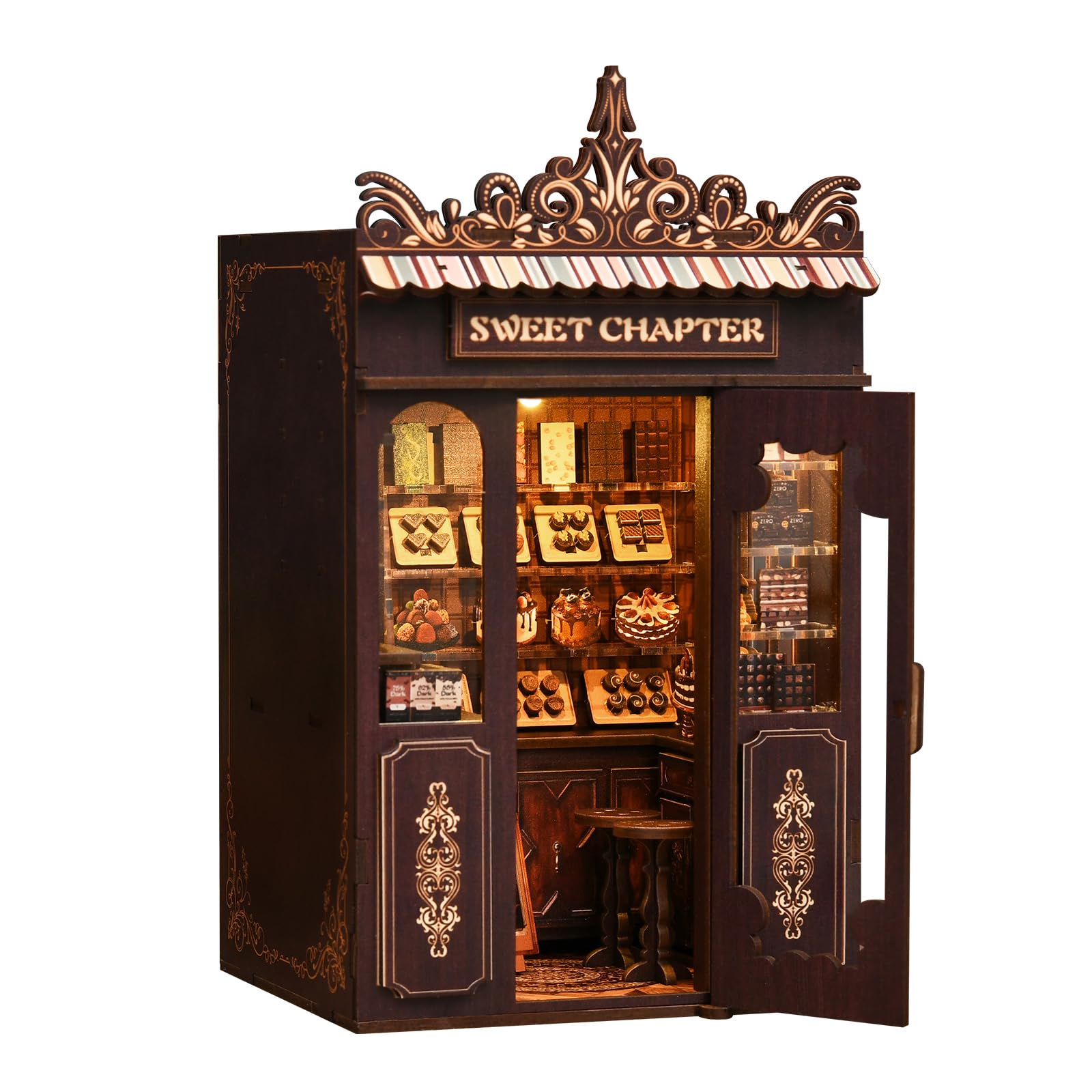 Tecnock 3D Book Nook Sweets Chapter Retro Sweets DIY Miniature House with LED Fun for Adults and Home Assembly Precision Wooden Model Kit, Shop,