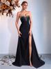 European & American Black Strapless Bodycon Dress with Slit & Rhinestones - Elegant Socialite Evening Gown