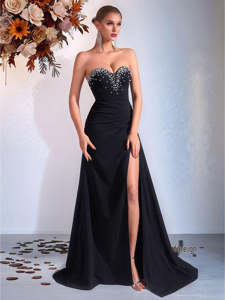 European & American Black Strapless Bodycon Dress with Slit & Rhinestones - Elegant Socialite Evening Gown