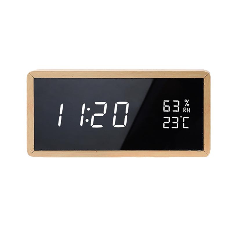 Multifunktionale LED-Bambus- und Holz-Tischuhr: Spiegel-Display, Wecker, Temperatur- und Feuchtigkeitssensor für Büro- und Nachttischgebrauch.