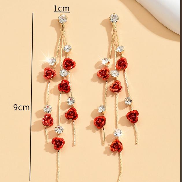 2pcs Retro Style Long Style Diamond Inlaid Rose Earrings For Women's Daily Dating Accessories