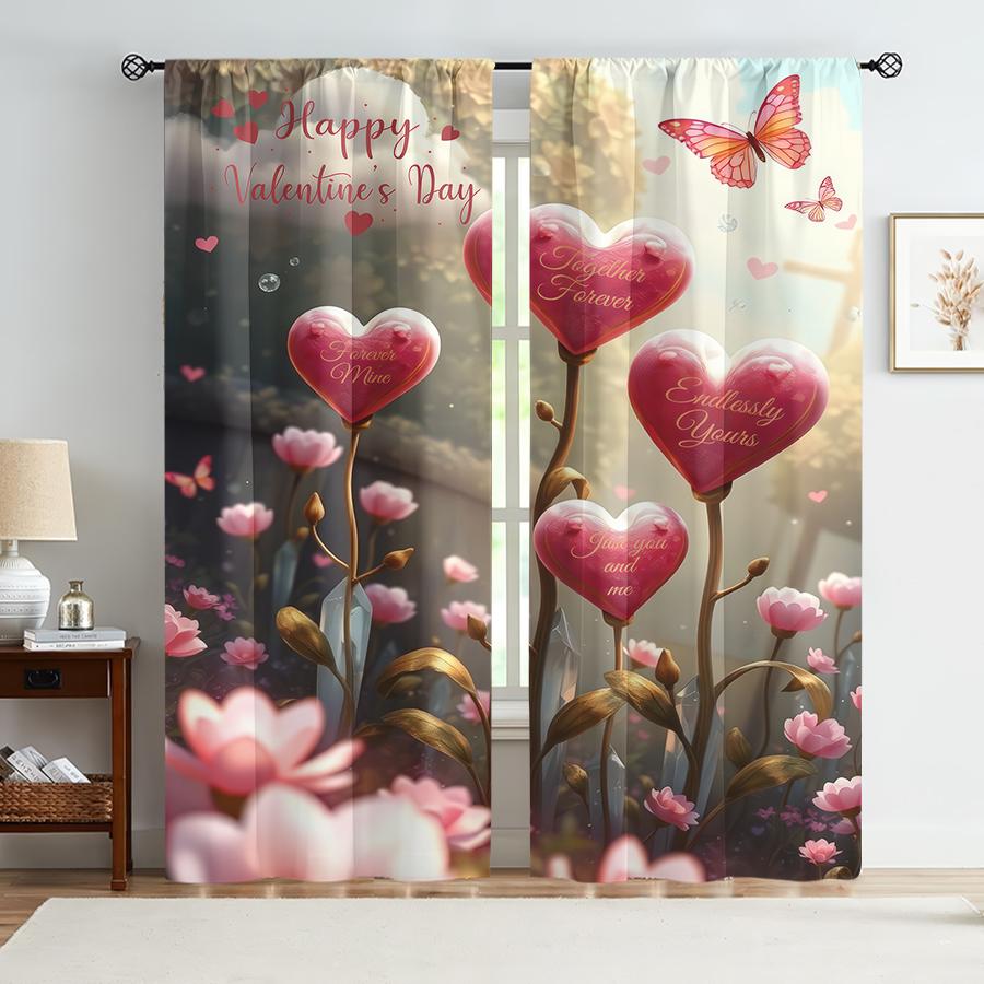 

2PCS Pink Heart Flower Language Valentine s Day Curtains Romantic Confession Style Bedroom Living Room Pull up Pocket Style 100*130 Grommet Top 1pcs