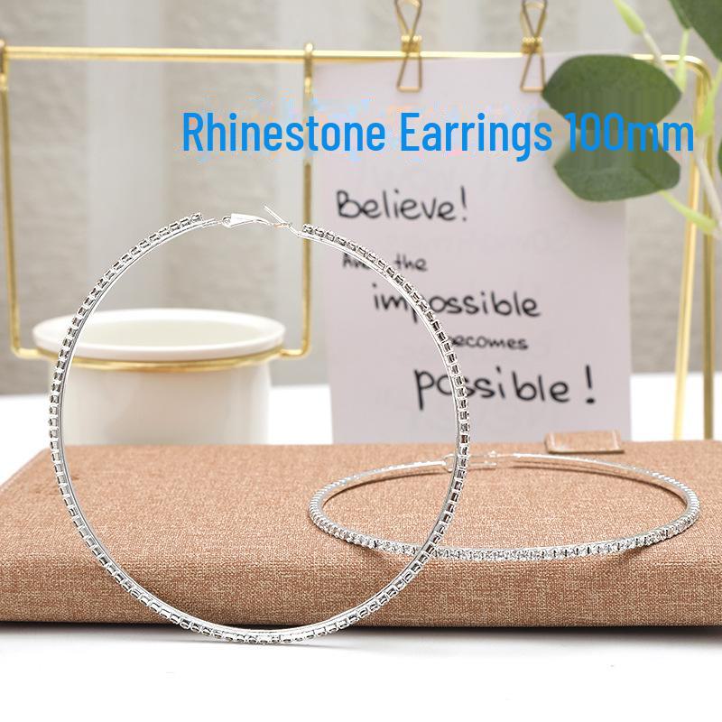 

Трендовые большие серьги-кольца со стразами, игла из серебра 925 пробы, европейский и американский стиль rhinestone, diameter 100mm серебряный