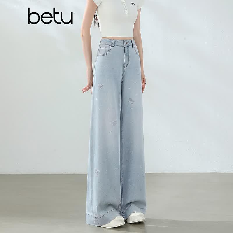 Women s Loose Wide-Leg Rhinestone Denim Jeans M светло-синий джинсовый
