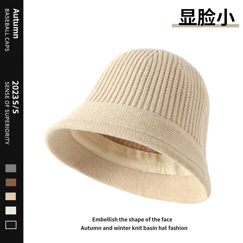Women S Solid Knit Bucket Hat Korean Style Versatile Face Slimming Winter Hat