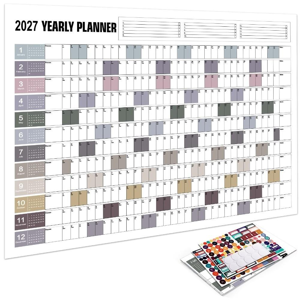 Layout Multicolore Planner Annuale 2027 Calendario Cartaceo Foglio Pianificatore Pianificazione Ufficio Domestico