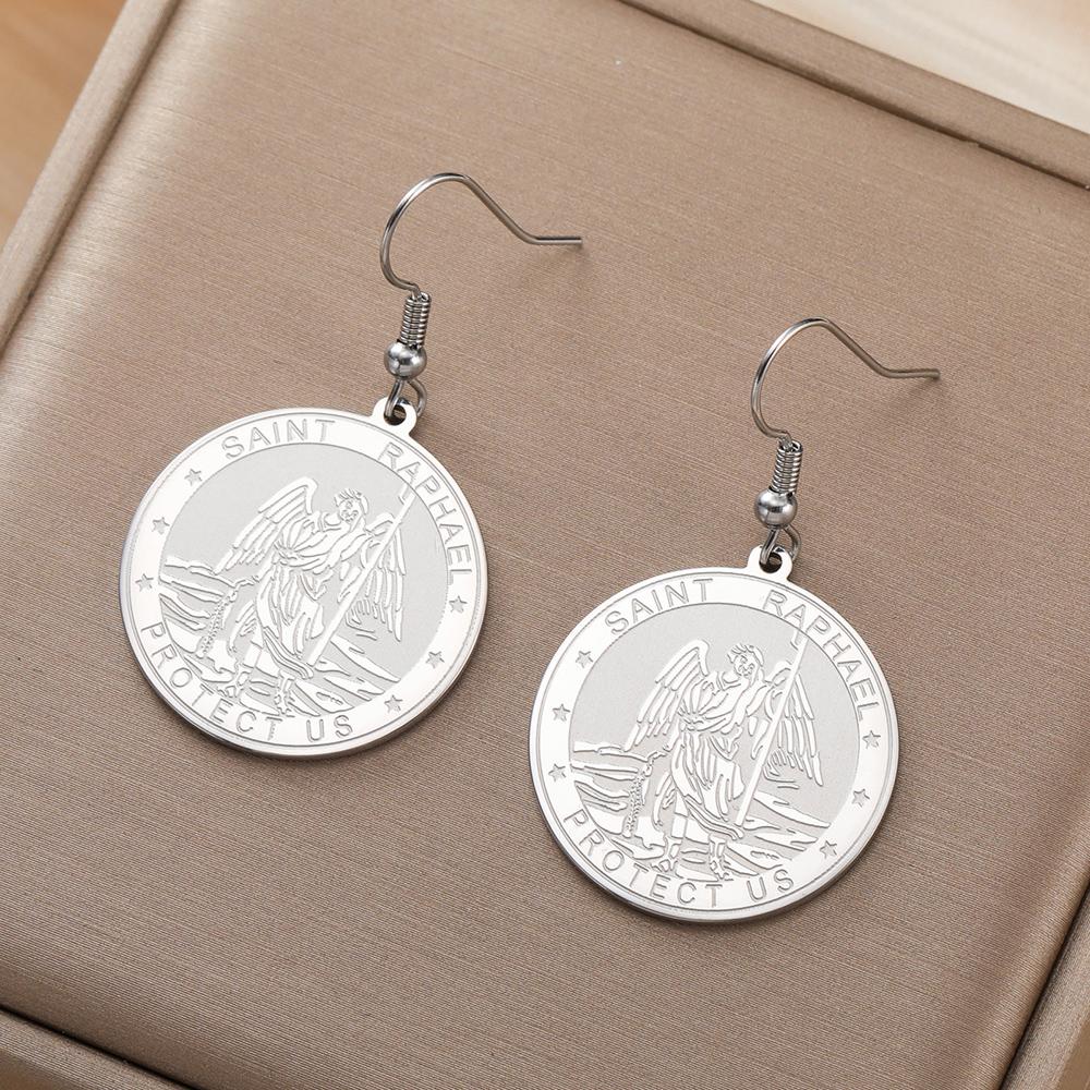 Dawapara Saint Michael Earrings Protection Amulet Archangel Gabriel Raphael Seal Pendant Stainless Steel Dangle Earrings