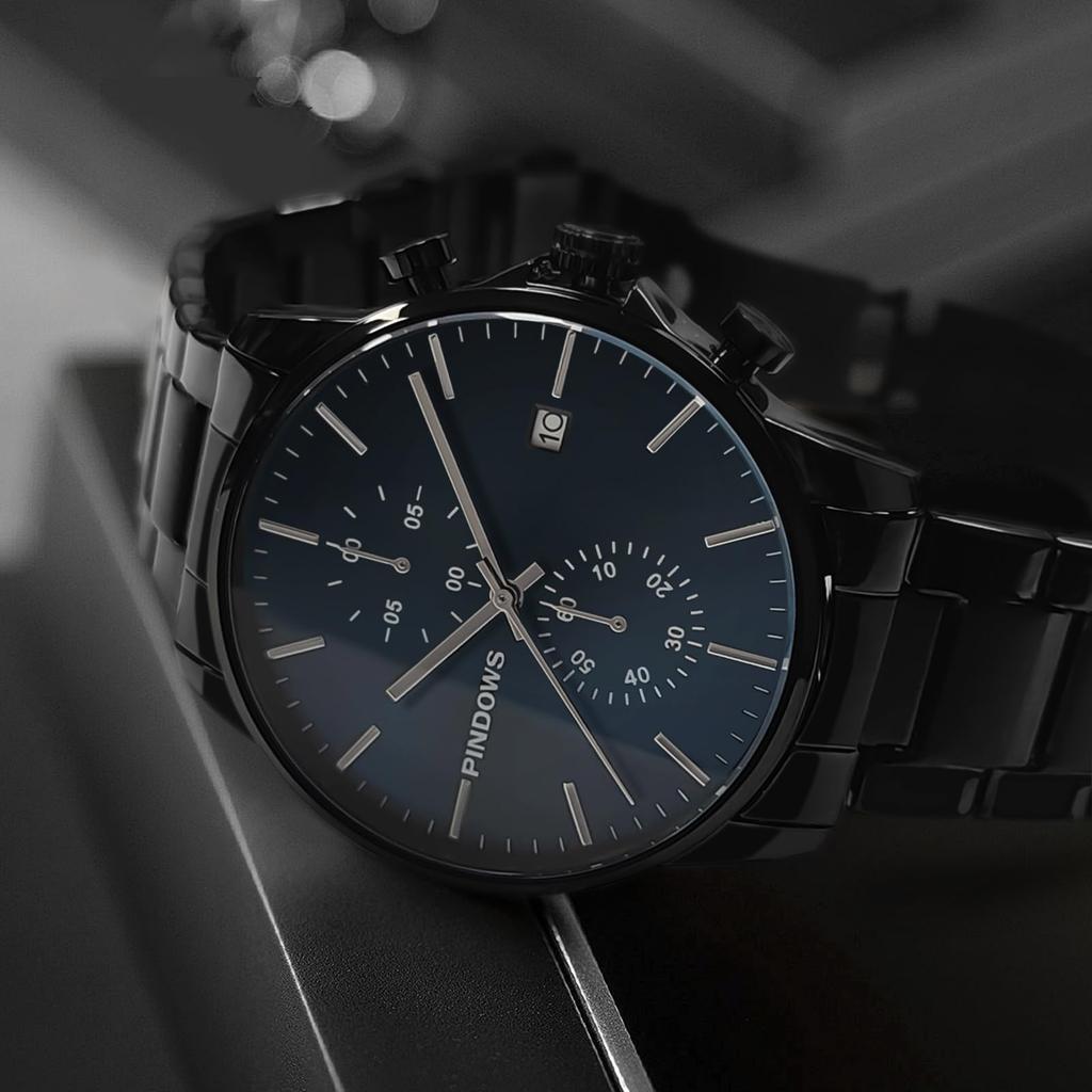 PINDOWS Stainless Chronograph Quartz Watch with Automatic Date Function Men's Watch, Fashionable, Minimalist, Business, Durable, Steel, Waterproof,