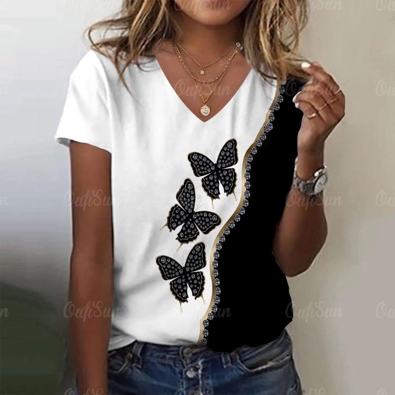 Neues Damen-T-Shirt Schlichter Grafikdruck Übergroße Damen-Trendbekleidung Mode Kurzarmshirt Damen V-Ausschnitt Bluse 2024