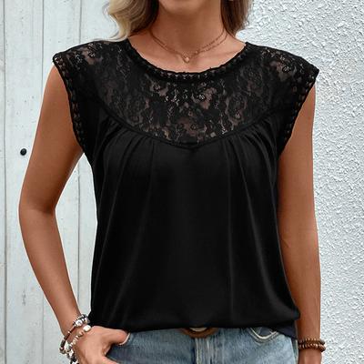 Summer T-shirt Lace Patchwork Round Neck Sleeveless Tops
