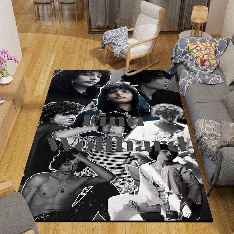 Finn Wolfhard Flannel Printed Carpet, Home Sofa Decoration for Living Room & Bedroom, Non‑Slip Play Flannel Floor Mat for Game Room