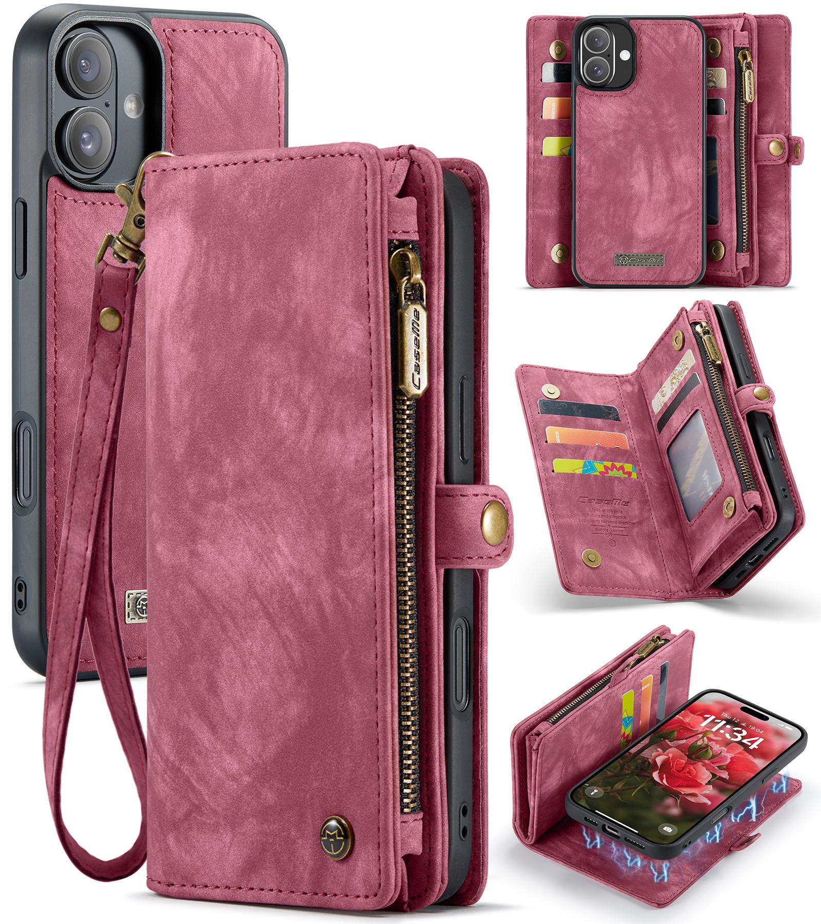 

For iPhone 16 Phone Cases CASEME 008 Leather Cover with Detachable Wallet and Strap Red