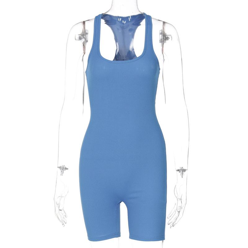 Women's Solid Color High Waist Tight-Fitting Knit Suspender Shorts Sports Yoga Jumpsuit