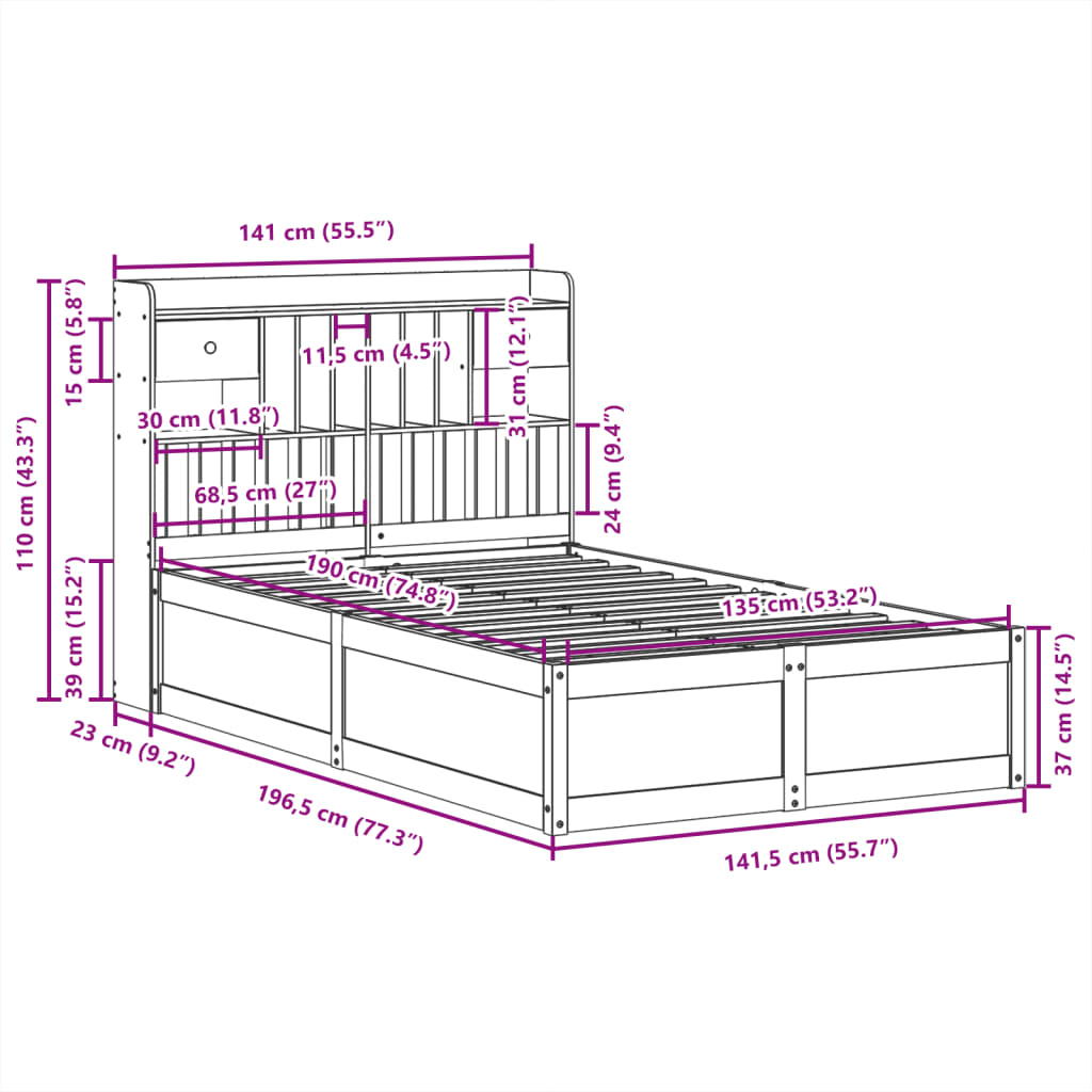 Solid Wood Bed without Mattress Wax Brown 135 x 190 cm Pine Wood