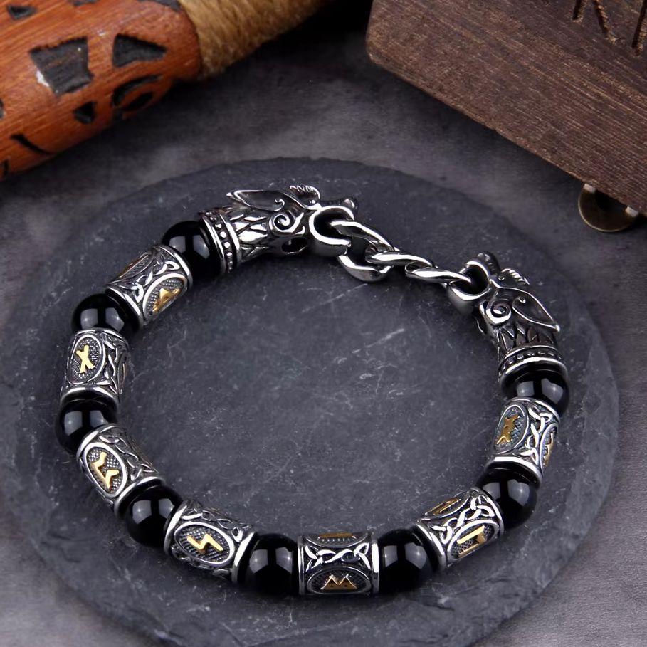 Goth Hiphop Dragon Head Men Bracelet Viking Rune Beads Cuff Wristband Couple Jewelry Fashion Accessories