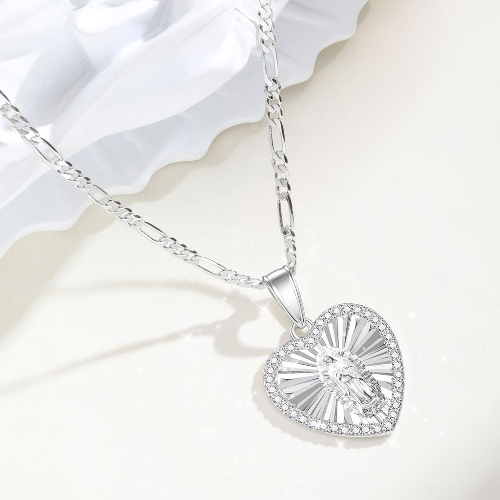 Cubic Zirconia Virgin Mary Pendant Necklace For Women, Oval Heart Stainless Steel Figaro Chain, Catholic Religious Jewelry