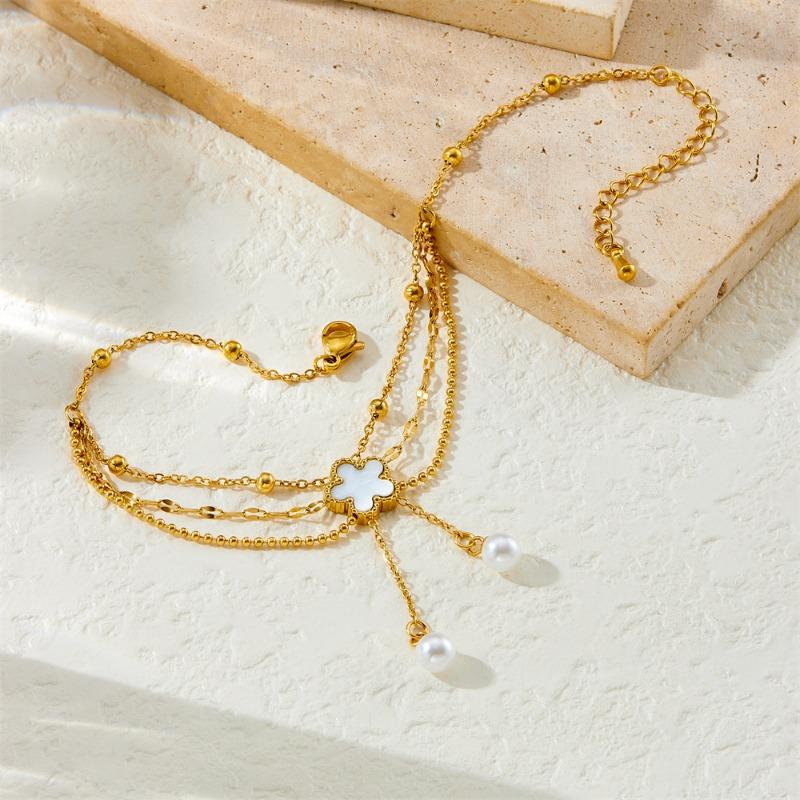 Gold Multi-layer Clover Charm Anklet with Pearl Drop