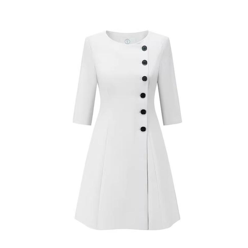 Stylish Beige A-Line Mid-Length Dress with Three-Quarter Sleeves and Round Neck for Spring/Summer