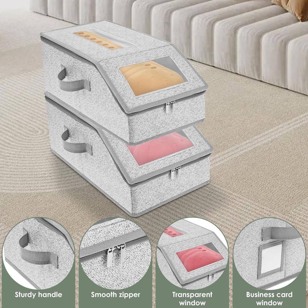 2Pcs Foldable Zipper Baseball Cap Storage Box Non Woven Fabric Baseball Cap Organizer With Clear Window for Clothes Hats