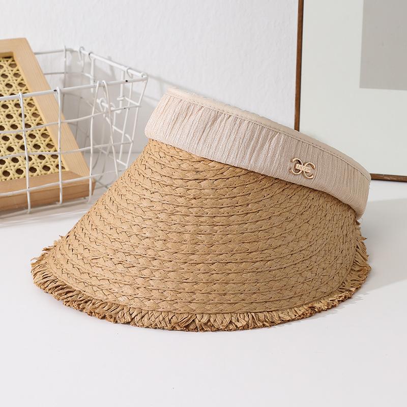 Summer hat women's sunscreen sunshade raffia woven straw hat empty top seaside beach big brim sun hat