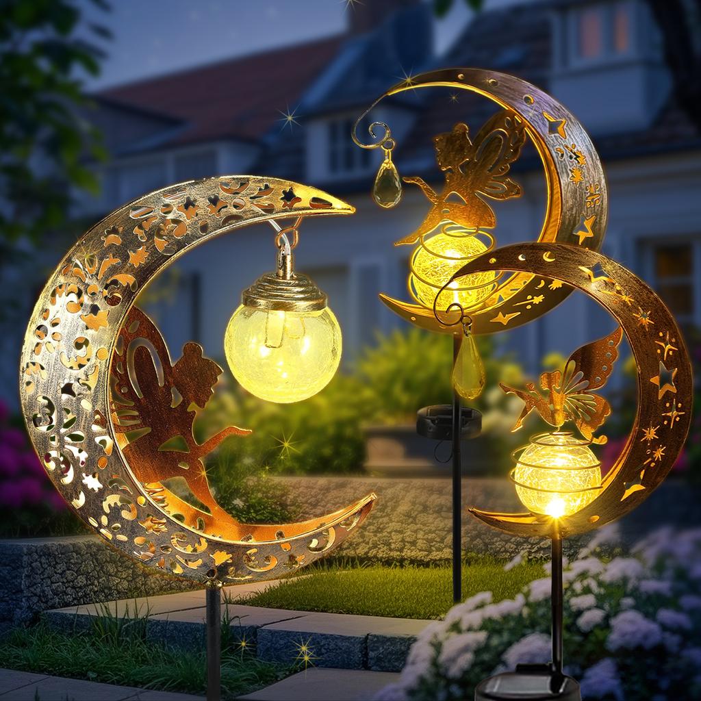 1 Pc Solar Outdoor Garden Lights The Moon and The Fairy Fairy Lights Waterproof Crackle Glass Globe Led Landscape Lighting