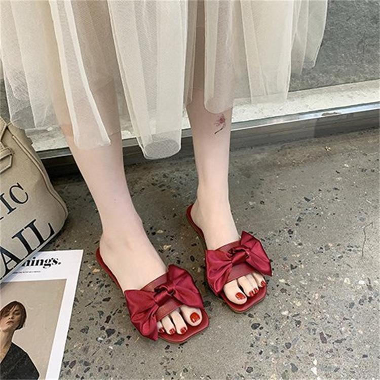 2025 summer new fashion casual slippers women's outer wear square head bow flat bottom one-word drag