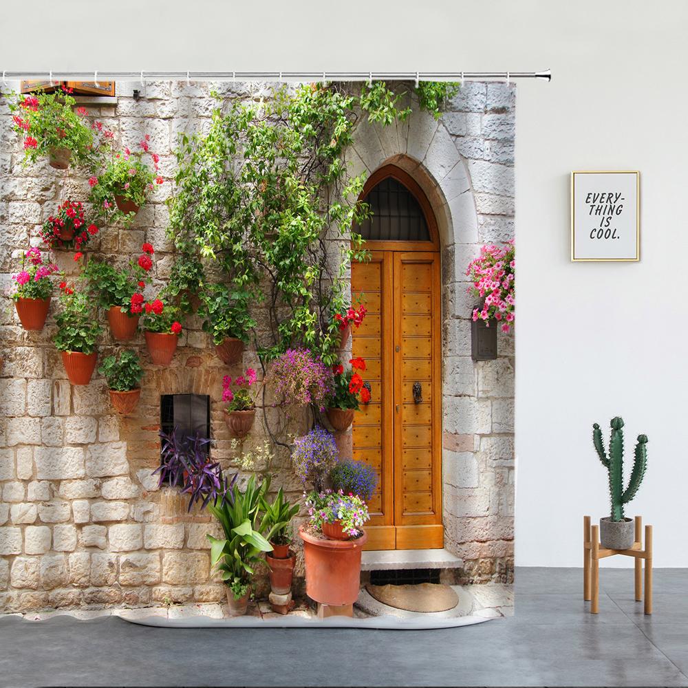 Landschaft Straße Blume Duschvorhang Retro Italienische Altstadt Architektur Floral Wasserdichtes Tuch Badezimmer Vorhänge Dekor Haken