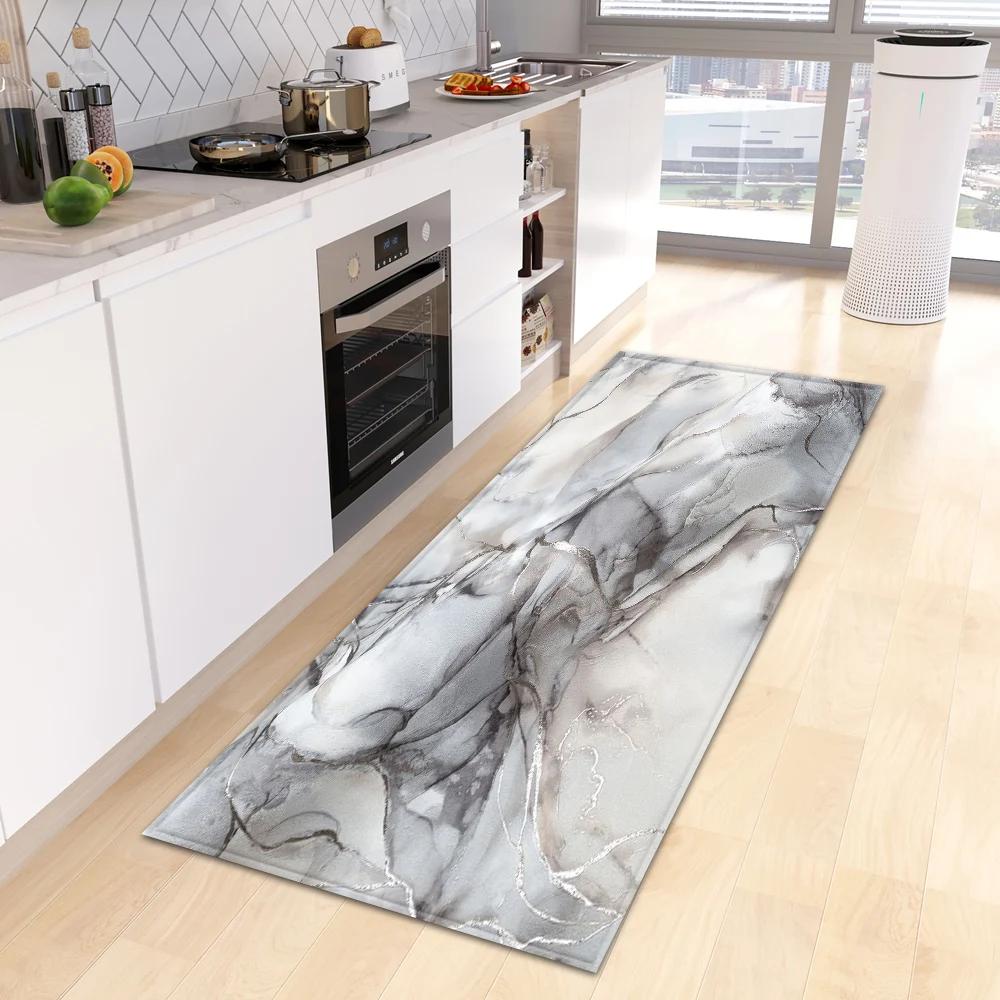 Marble Print Kitchen Runner Rug, Modern Gold  Black Vein Non-Slip Water  Oil Resistant Floor Mat
