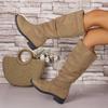 New Casual Large Size Stacking Boots Suede Western Boots Tall Thick Heel Fashion Boots Pleated Boots