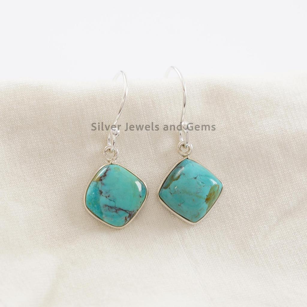 Arizona Turquoise Earrings, 925 Sterling Silver Ring, Square Gemstone Earring, Handmade Earrings for Her