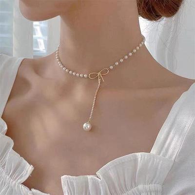 Κολιέ τσόκερ σε στυλ Νότιας Κορέας Long Simulated Pearl Zirconia κολιέ για γυναίκες Χρυσό ιδιοσυγκρασιακό κόσμημα για κορίτσια με λαιμό Fairy Sense