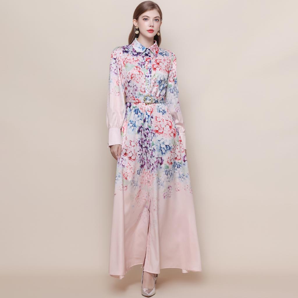 Vintage Style Color-Blocked Floral Print Turn Down Collar Shirt Dress for Women Spring 2026 Fashion Tie-Waist Single-Button Long Maxi Dress