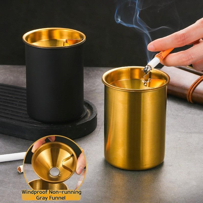 Thickened Stainless Steel Ashtray Household Car Use Anti-Fly Ash Anti-Drop Ashtray Funnel with Lid for Coffee Bar Internet Use
