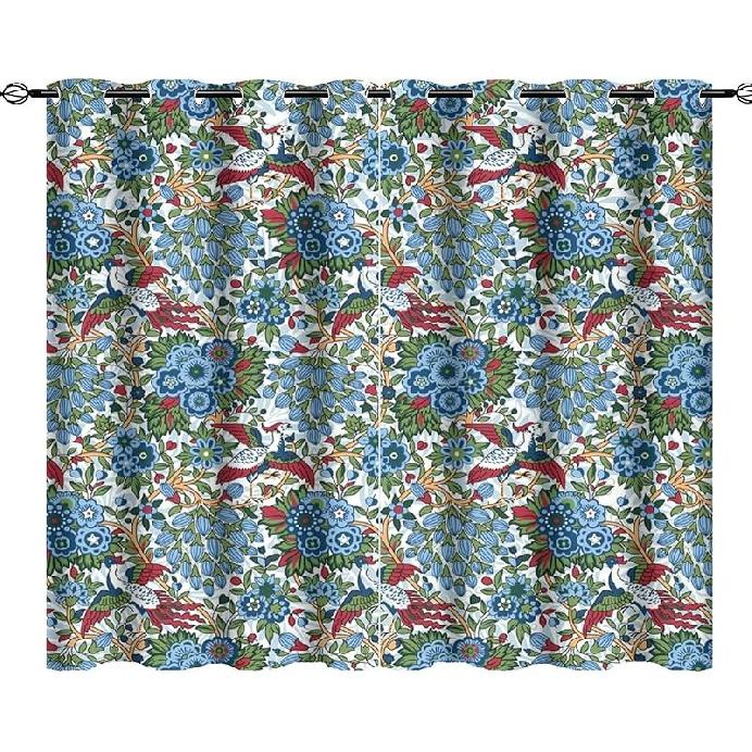 Акварельные шторы Блэкаут в стиле Уильяма Морриса для спальни, Винтажные цветочные узоры, Абстрактные птицы, Средний век, На штангу, Термоизолирующие, Для комнаты 21 W x 45 L (Pack of 2)