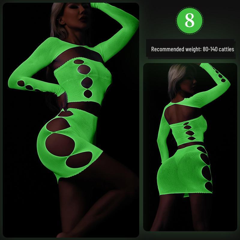 Glow-in-the-Dark Sexy Fishnet Bodysuit with Fluorescent Bandeau and Plus Size Glowing Stockings