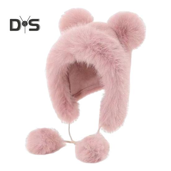 

Зимняя шапка с интегрированным шарфом, украшением в виде медвежьих ушей, густая искусственная норковая шерсть, полная защита, вязаный эластичный однотонный головной убор для активного отдыха на природе розовый