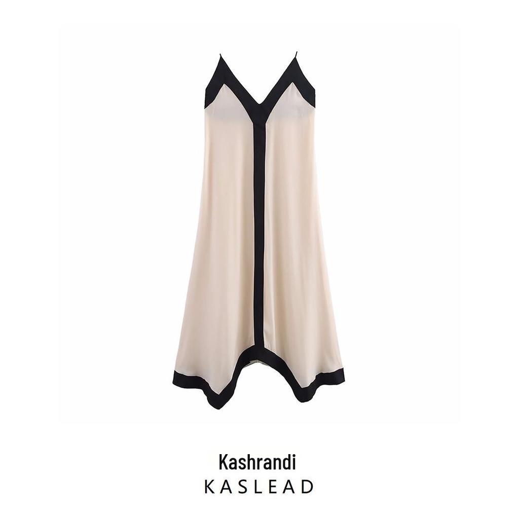 Spring 2025 Women's European & American Style Color Block V-Neck Spaghetti Strap Dress