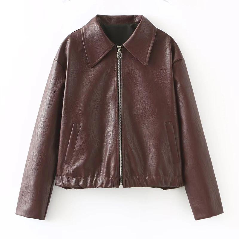 Autumn New Product Women clothes American vintage Zipper Lapel Long sleeve Pu Anti-Leather Loose Crop jacket Outerwear