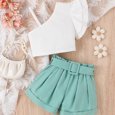 Mädchen Freizeitanzug Frühling und Sommer Kindermode Diagonale Schulter Neckholder Fliegender Ärmel Top Kurzer Gürtelanzug