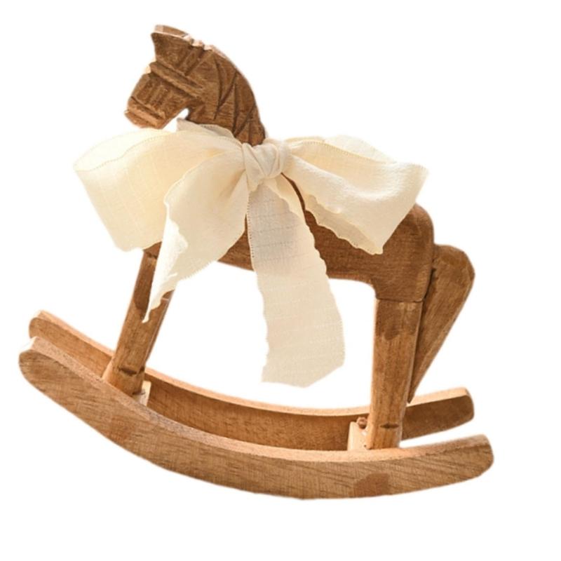Simple Design Wooden Rocking Horse Figurine with White Ribbon for Home Nursery Table Decoration and Collectible Display