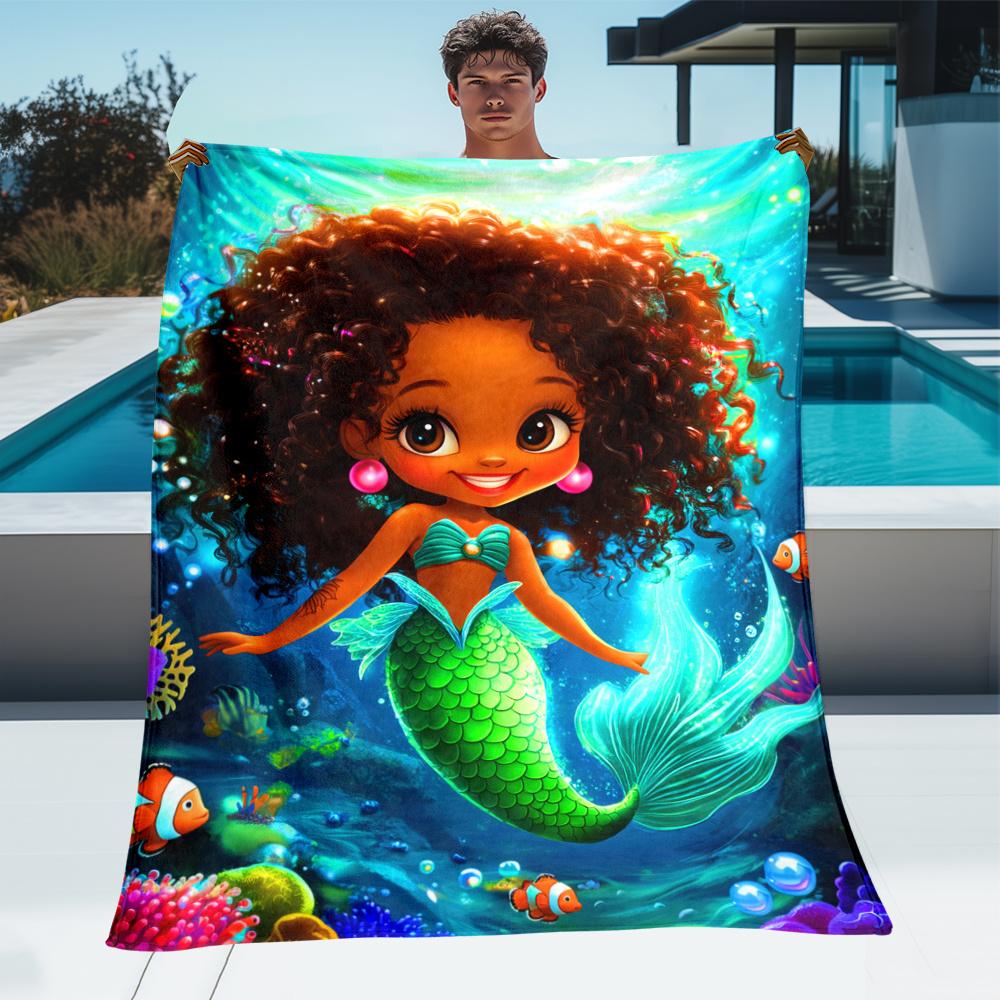 Black girl mermaid underwater ocean world fleece blanket soft throw for kids room decor fantasy sea creature gift