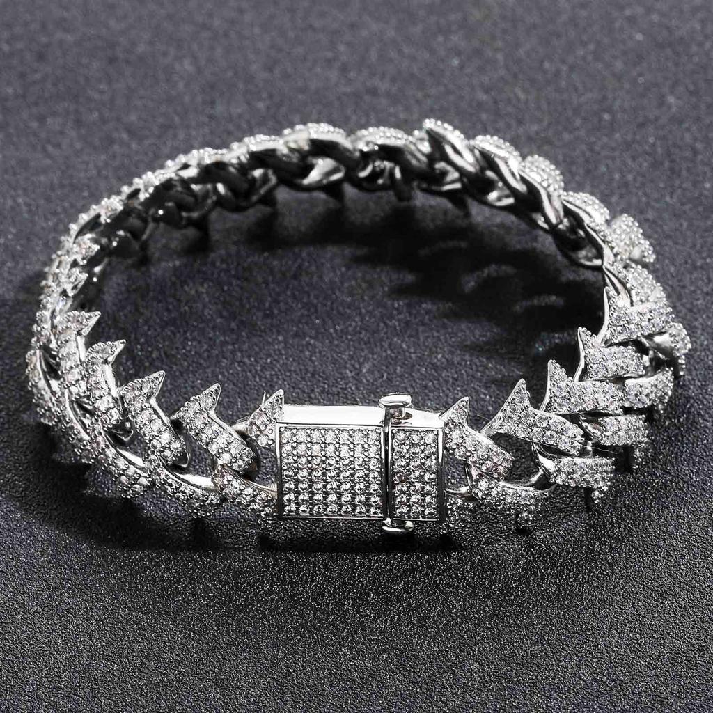 European American 18mm Thorn Hip Hop Men's Spring Buckle Cuban Bracelet Rhodium Plated Trendy Personalized Full Diamond Zircon