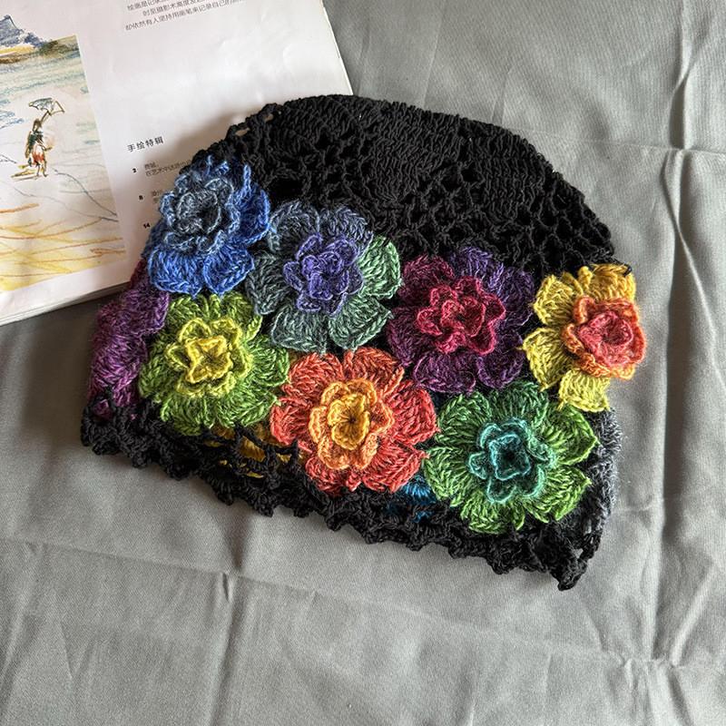 Style Knitted Ethnic Hat With Hollow Out Design And Flower Decoration Daily For